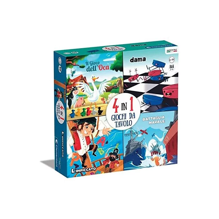 Giochi da Tavolo 4 in 1 Gioco dell'oca Battaglia navale Dama e L'impiccato Clementoni
