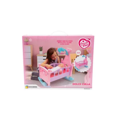 Culla a dondolo per bambole rosa e lilla con gancio per carillon, facile da montare