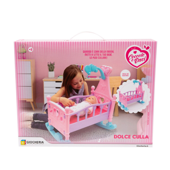 Culla a dondolo per bambole rosa e lilla con gancio per carillon, facile da montare