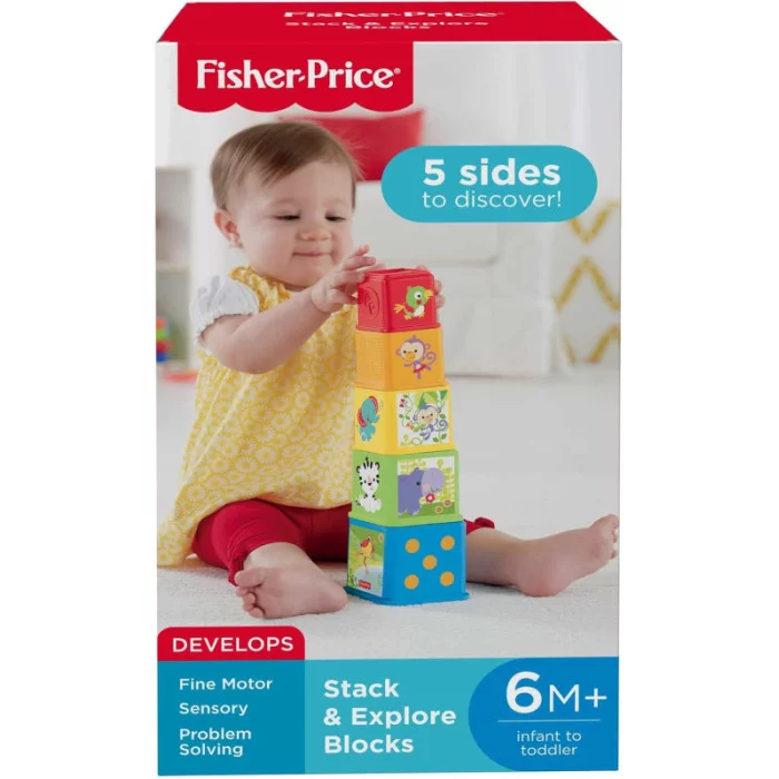 Fisher-Price Blocchi degli Animali, set di 5 blocchi colorati con facce illustrate CDC52