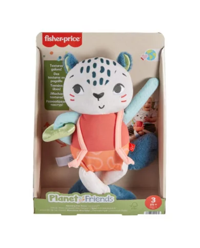 Fisher-Price Leopardino Scopri e Gioca, peluche sensoriale in tessuto riciclato con attività – Dai 3 mesi in su