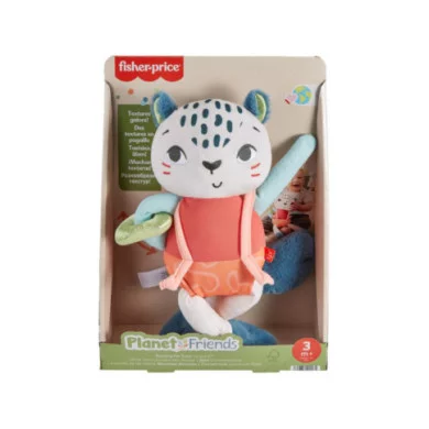 Fisher-Price Leopardino Scopri e Gioca, peluche sensoriale in tessuto riciclato con attività – Dai 3 mesi in su