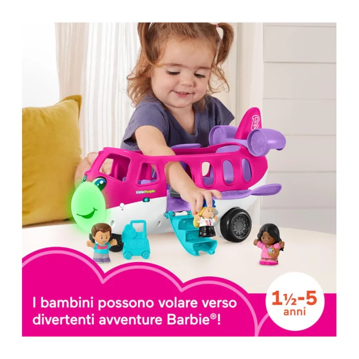 Fisher-Price Little People Barbie Aereo con luci, suoni, Barbie, Ken, pilota e valigia – 18+ mesi, multilingua