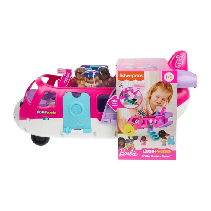 Fisher-Price Little People Barbie Aereo con luci, suoni, Barbie, Ken, pilota e valigia – 18+ mesi, multilingua