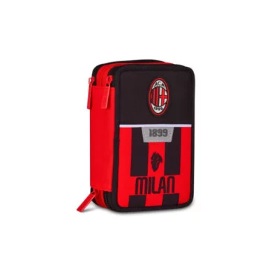 Astuccio 3 Zip Milan – 45 Pezzi Completo, Triplo Scomparto, Fantasia Rosso-Nera con Stemma Milan, Pratico e Compatto