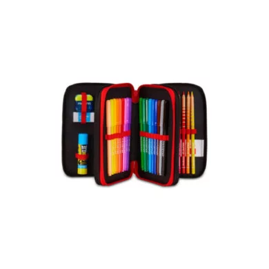 Astuccio 3 Zip Milan – 45 Pezzi Completo, Triplo Scomparto, Fantasia Rosso-Nera con Stemma Milan, Pratico e Compatto