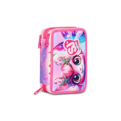 Astuccio 3 Zip SJ Gang Cat LED – 45 pezzi, completo scuola, fantasia gattina rosa con glitter, triplo scomparto
