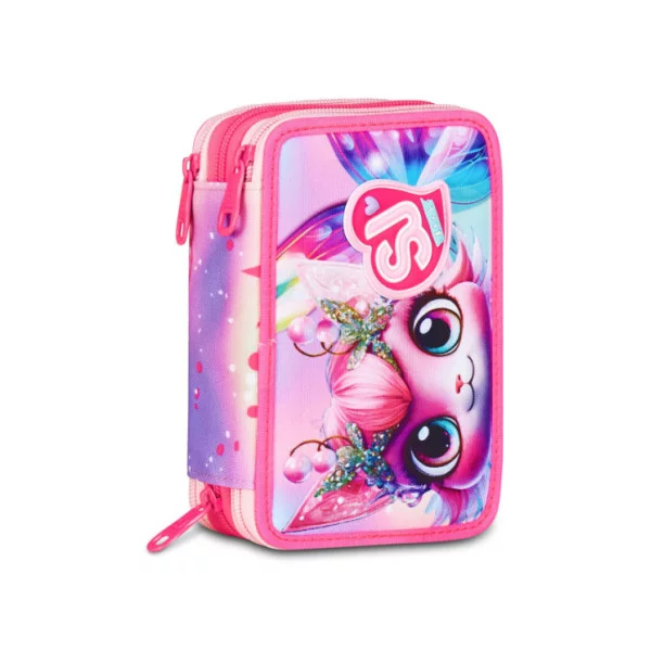 Astuccio 3 Zip SJ Gang Cat LED – 45 pezzi, completo scuola, fantasia gattina rosa con glitter, triplo scomparto