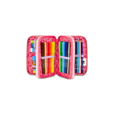 Astuccio 3 Zip SJ Gang Cat LED – 45 pezzi, completo scuola, fantasia gattina rosa con glitter, triplo scomparto