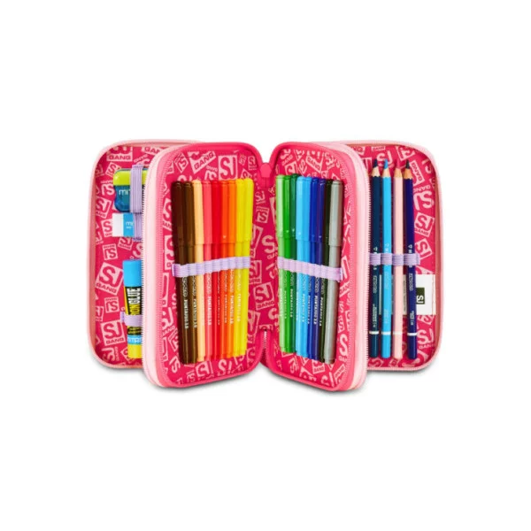 Astuccio 3 Zip SJ Gang Cat LED – 45 pezzi, completo scuola, fantasia gattina rosa con glitter, triplo scomparto