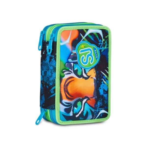 Astuccio 3 Zip SJ Gang Air Tiger – 45 pezzi, completo scuola, fantasia tigre jungle fluo, triplo scomparto robusto