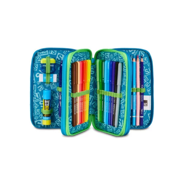 Astuccio 3 Zip SJ Gang Air Tiger – 45 pezzi, completo scuola, fantasia tigre jungle fluo, triplo scomparto robusto