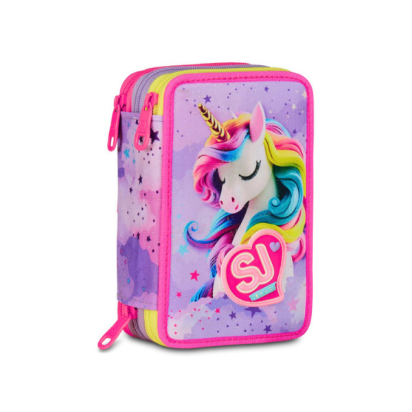 Astuccio 3 Zip SJ Gang Fable Journey – 45 pezzi, fantasia unicorno arcobaleno, completo scuola bambine