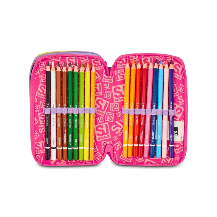 Astuccio 3 Zip SJ Gang Fable Journey – 45 pezzi, fantasia unicorno arcobaleno, completo scuola bambine