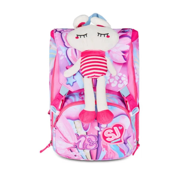 Zaino estensibile SJ Gang Plushy Rabbit – 24 Lt, rosa con peluche coniglio, orecchie mobili e fondo rinforzato