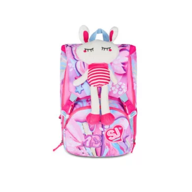 Zaino estensibile SJ Gang Plushy Rabbit – 24 Lt, rosa con peluche coniglio, orecchie mobili e fondo rinforzato