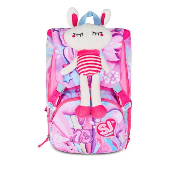 Zaino estensibile SJ Gang Plushy Rabbit – 24 Lt, rosa con peluche coniglio, orecchie mobili e fondo rinforzato