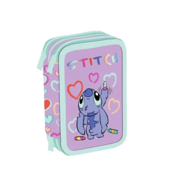 Astuccio scuola Stitch 3 zip completo 44 pezzi con pennarelli, matite, forbici, righello - Licenza ufficiale Disney