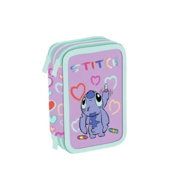 Astuccio scuola Stitch 3 zip completo 44 pezzi con pennarelli, matite, forbici, righello - Licenza ufficiale Disney