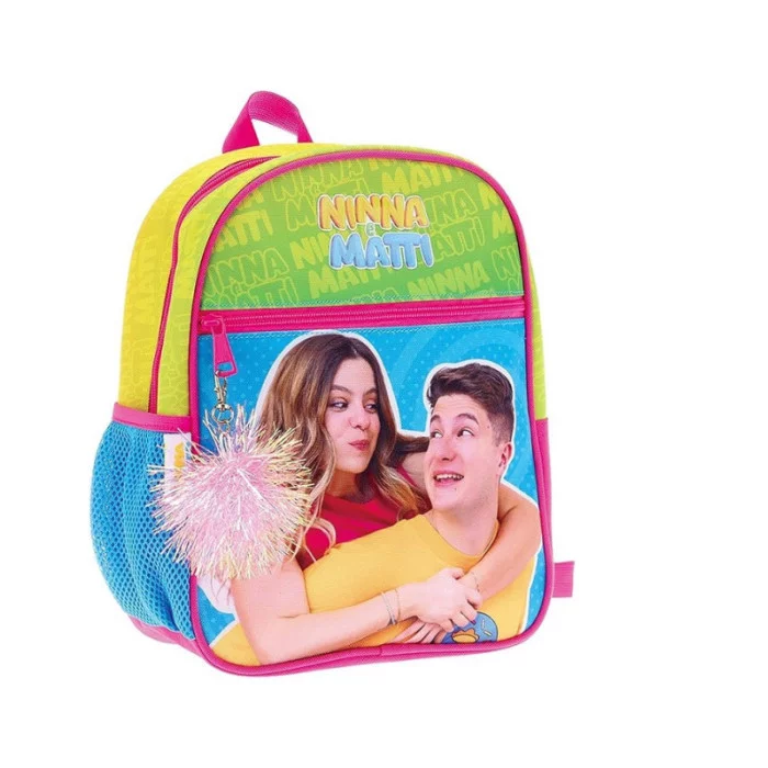 Zaino asilo Ninna e Matti 27x22x10 cm con pompom, spallacci regolabili, schienale morbido, grafica ufficiale colorata