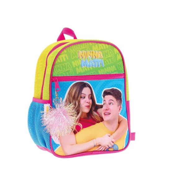 Zaino asilo Ninna e Matti 27x22x10 cm con pompom, spallacci regolabili, schienale morbido, grafica ufficiale colorata