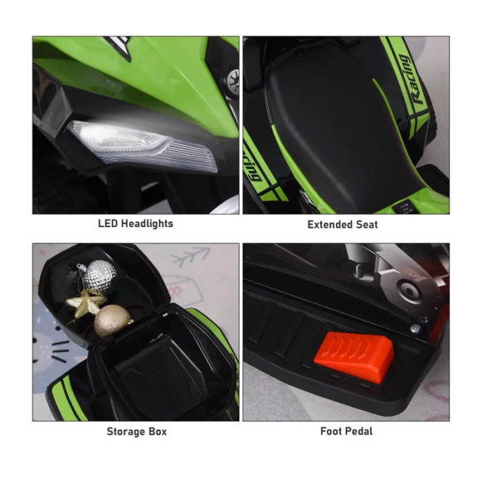 Mini Quad Elettrico per Bambini 6V Verde Kid Go Deluxe con Luci, Musica, 4 Ruote Stabili e Bauletto Posteriore