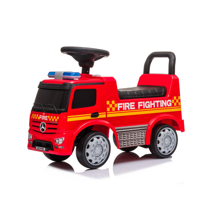 Camion Cavalcabile Pompieri Mercedes Rosso con Clacson, Luci, Sirena, Vano Portaoggetti e Ruote da 14cm