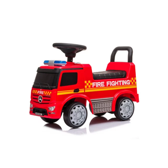 Camion Cavalcabile Pompieri Mercedes Rosso con Clacson, Luci, Sirena, Vano Portaoggetti e Ruote da 14cm