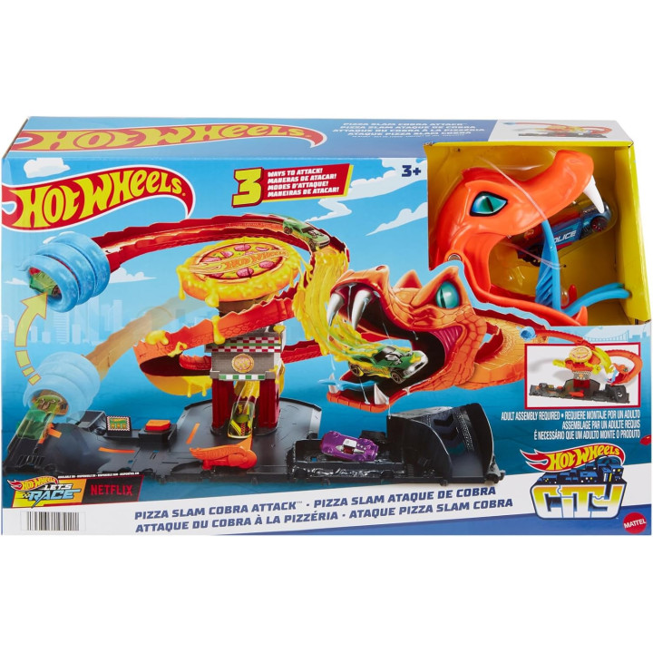 Hot Wheels Netflix Let's Race Attacco del Cobra in Pizzeria con Pista a Spirale e Macchinina Inclusa