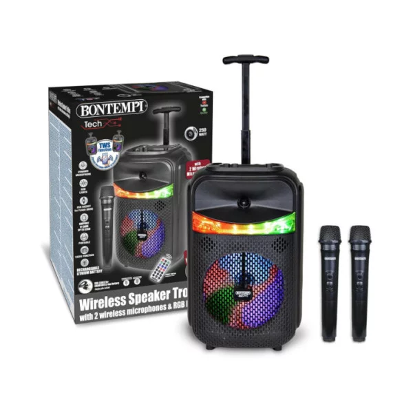 Cassa Trolley Wireless con 2 Microfoni, Luci RGB, Funzione TWS e Telecomando Bontempi