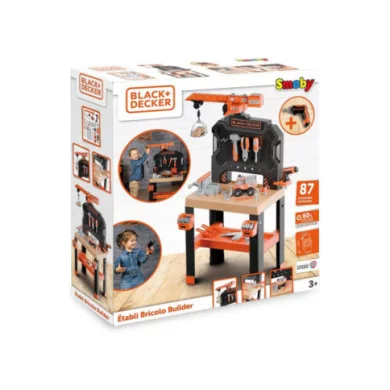 Smoby Black+Decker Bricolo Builder – Banco da Lavoro con 87 Accessori e Gru, Materiale Riciclato, 3+ Anni