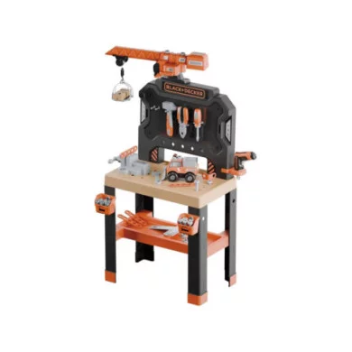 Smoby Black+Decker Bricolo Builder – Banco da Lavoro con 87 Accessori e Gru, Materiale Riciclato, 3+ Anni