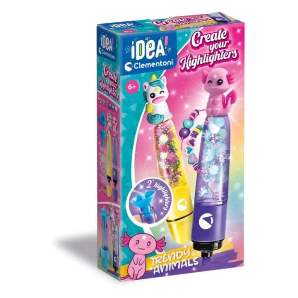 Create Your Highlighters – Kit Evidenziatori Personalizzati Trendy Animals con 2 Evidenziatori e Accessori, 6+ Anni Clementoni