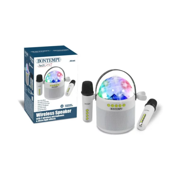 Cassa Wireless con Doppio Microfono e Luci LED da Discoteca – Speaker Portatile Karaoke, 18,5x17x12 cm