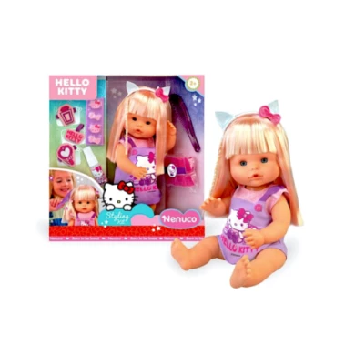 Nenuco Bambola 35cm – Capelli Lunghi Biondi con Accessori Parrucchiere e Vestito Hello Kitty, Famosa