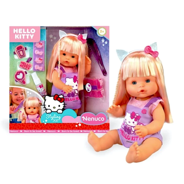 Nenuco Bambola 35cm – Capelli Lunghi Biondi con Accessori Parrucchiere e Vestito Hello Kitty, Famosa