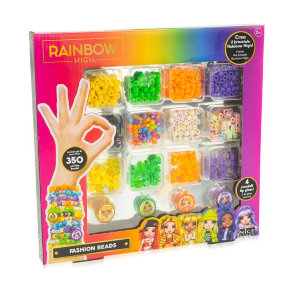 Rainbow High Fashion Beads – Kit Perline Colorate con 350 Accessori e 4 Ciondoli Lip Gloss, 4+ Anni Nice Group