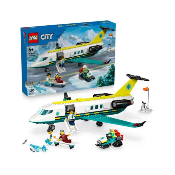 LEGO City 60465 Aereo Ambulanza di Emergenza Giocattolo con 4 Minifigure, Gatto delle Nevi e Accessori, Idea Regalo 6+ Anni