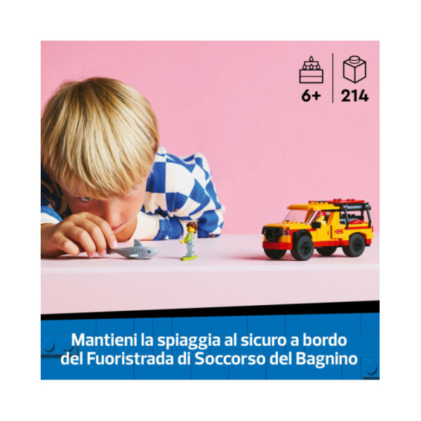 LEGO City 60453 Fuoristrada di Soccorso del Bagnino, Jeep Giocattolo da Costruire con 2 Minifigure e Squalo, Giochi Bambini 6+