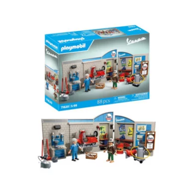 Playmobil Garage Vespa Anni ’60 71620 – Officina con Piattaforma di Sollevamento, Meccanici e Accessori, 88 Pezzi, 5-99 Anni