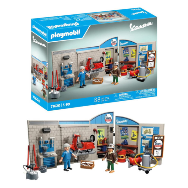 Playmobil Garage Vespa Anni ’60 71620 – Officina con Piattaforma di Sollevamento, Meccanici e Accessori, 88 Pezzi, 5-99 Anni