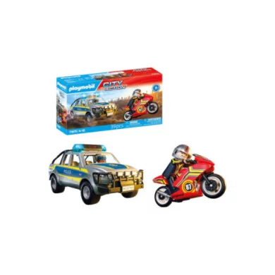 Playmobil City Action 71875 – Inseguimento con Pick-Up della Polizia e Moto da Corsa, Set 39 Pezzi per Bambini 4-10 Anni