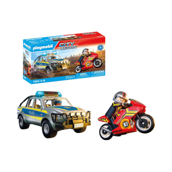 Playmobil City Action 71875 – Inseguimento con Pick-Up della Polizia e Moto da Corsa, Set 39 Pezzi per Bambini 4-10 Anni
