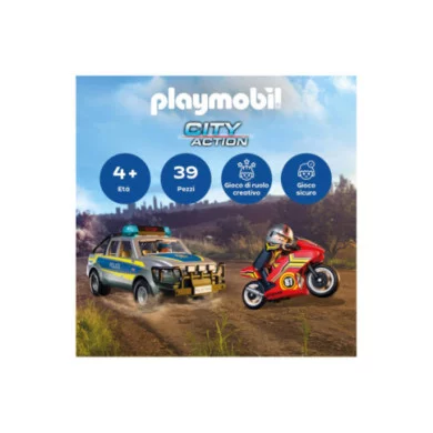 Playmobil City Action 71875 – Inseguimento con Pick-Up della Polizia e Moto da Corsa, Set 39 Pezzi per Bambini 4-10 Anni