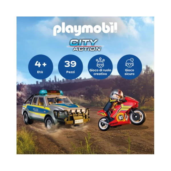 Playmobil City Action 71875 – Inseguimento con Pick-Up della Polizia e Moto da Corsa, Set 39 Pezzi per Bambini 4-10 Anni