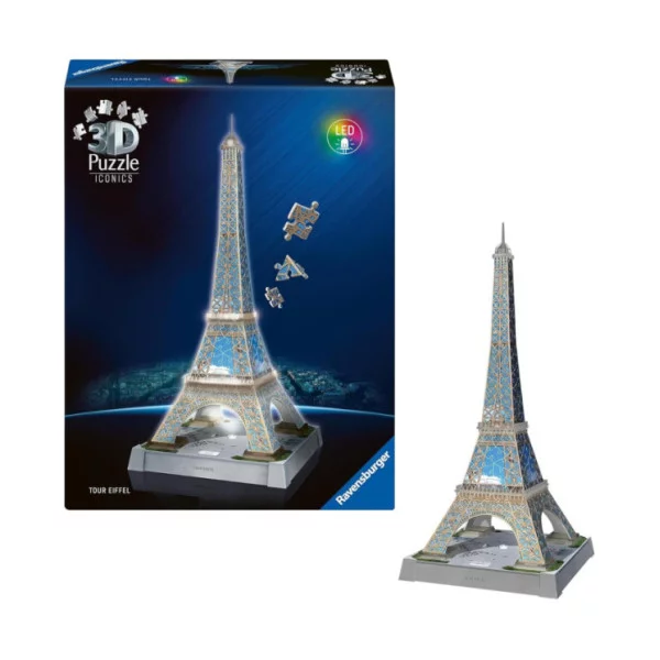 Puzzle 3D Iconics Torre Eiffel LED –  216 Pezzi per Bambini 8+ Anni e Adulti, Puzzle Luminoso Decorativo Ravensburger