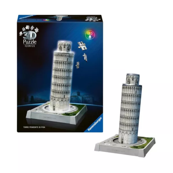 Puzzle 3D Iconics Torre di Pisa LED –  216 Pezzi per Bambini 8+ Anni e Adulti, Puzzle Luminoso Decorativo Ravensburger