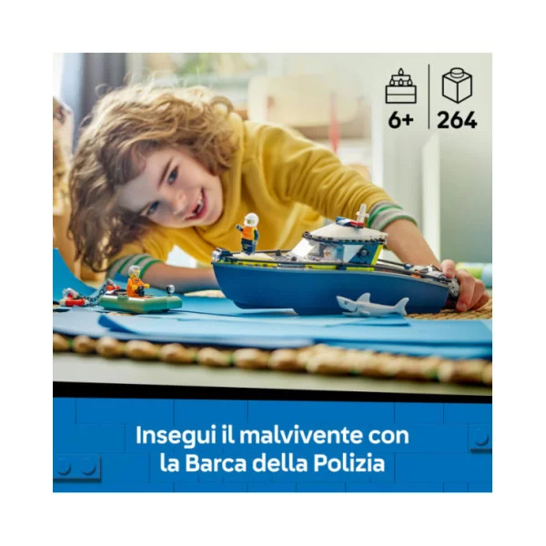 LEGO City 60456 Inseguimento del Motoscafo della Polizia, con 2 Barche Giocattolo, 3 Minifigure, Squalo, Regalo per Bambini 6+