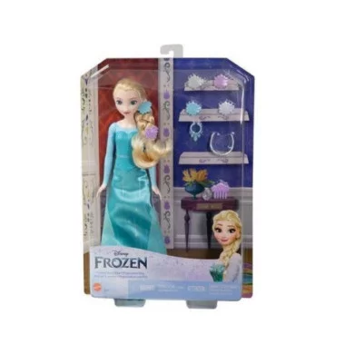 Disney Frozen Elsa – Bambola con Abito Azzurro e Set Accessori per Capelli, Gioielli e Tiara per Bambini 3+ Anni HMD56
