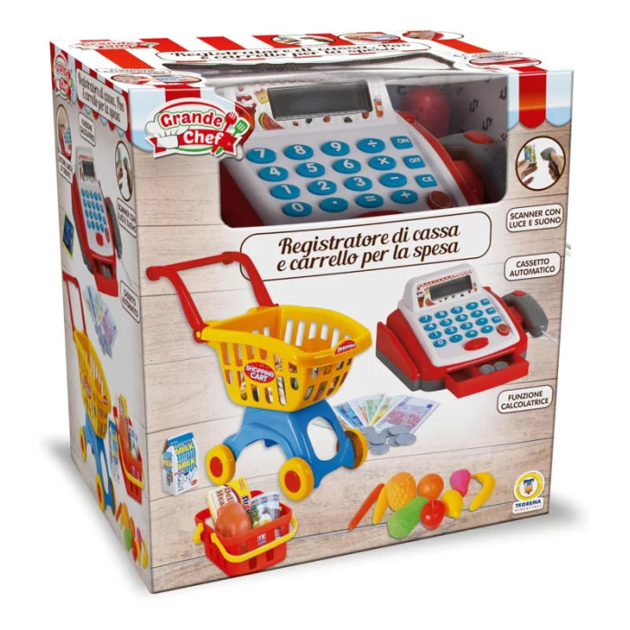 Cassa Giocattolo con Carrello Spesa Grande Chef Teorema  Set Supermercato con Luci, Suoni, Scanner e Soldi Finti per Bambini